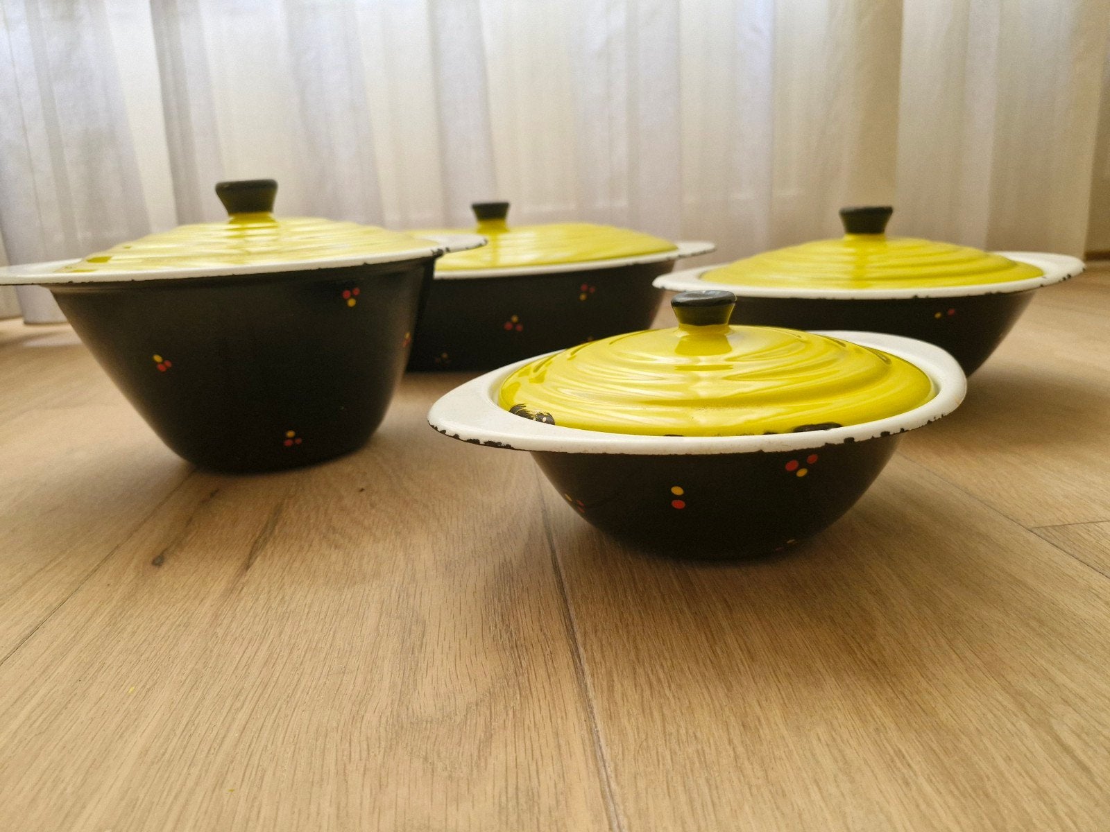 Emaille vintage DRU confetti pannen schalen met deksel, Antiek en Kunst, Ophalen of Verzenden