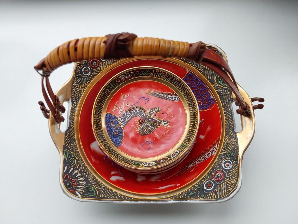 Vintage Japans Draken Servies - Dienblad en 6 Schotels, Ophalen of Verzenden