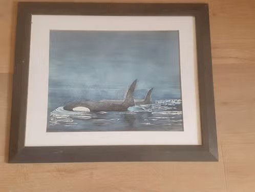 aquarel 2 orca's in de zee prachtig werk onduidelijk gesign, Antiek en Kunst, Kunst | Schilderijen | Klassiek, Ophalen
