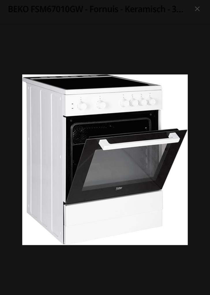 Fornuis BEKO FSM67010GW Keramisch 3fasen perilex breedte 60c, Ophalen, Keramisch, 4 kookzones, Zo goed als nieuw