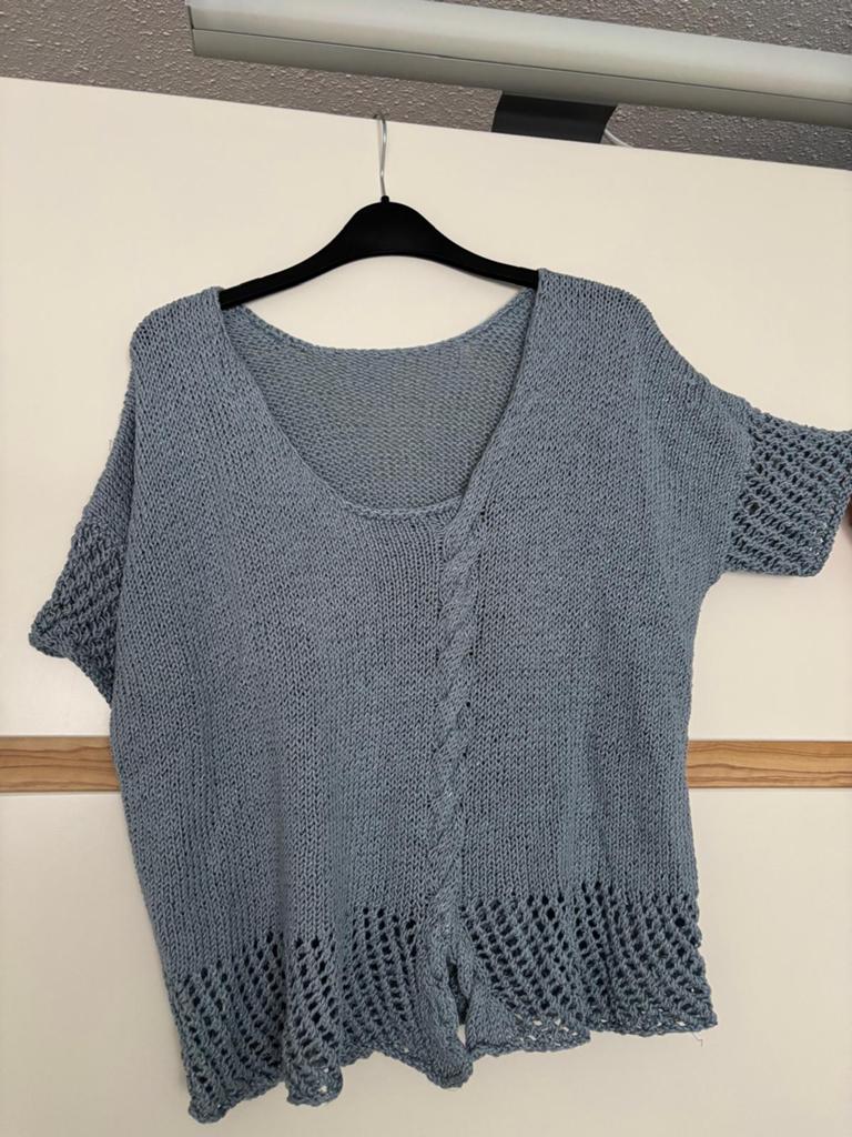 Handgebreide katoenen trui met kort mouw, Ophalen, Zo goed als nieuw, Maat 38/40 (M), Blauw