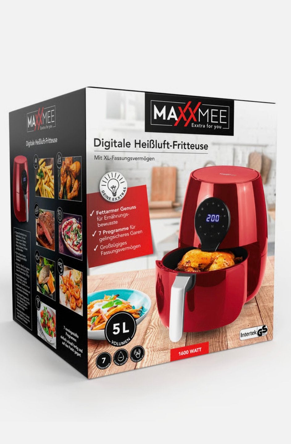 MAXXMEE 5L Rood Heteluchtfriteuse 1600W Timer, Ophalen, Nieuw, Airfryer, 750 t/m 999 gram