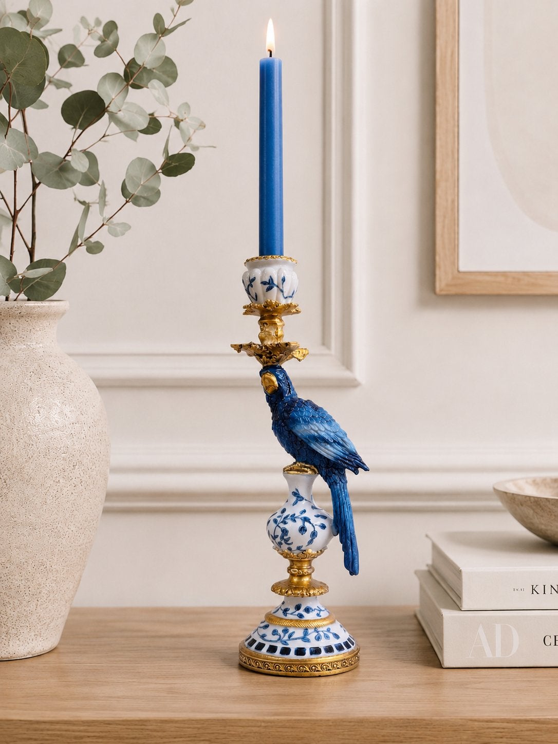 Kandelaar Papegaai - Blauw en Goudkleurig, Overige materialen, Nieuw, Kandelaar, Verzenden