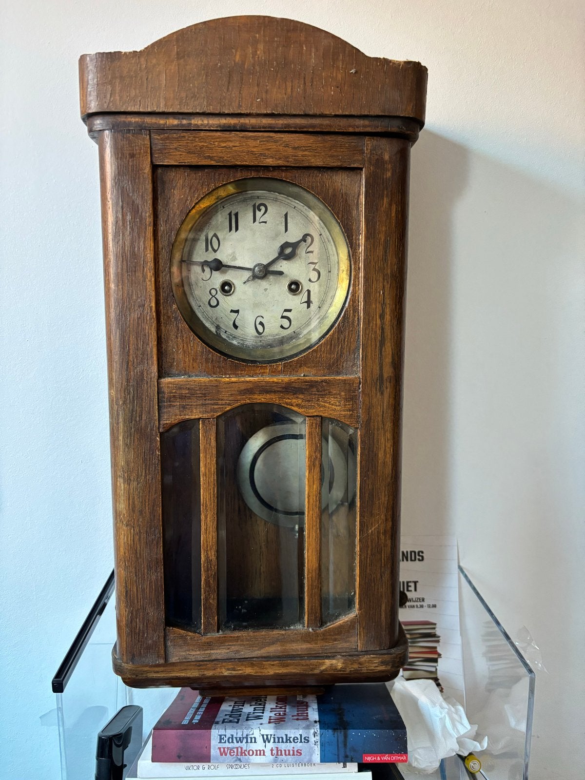 Antieke houten wandklok regulator met slinger, Ophalen