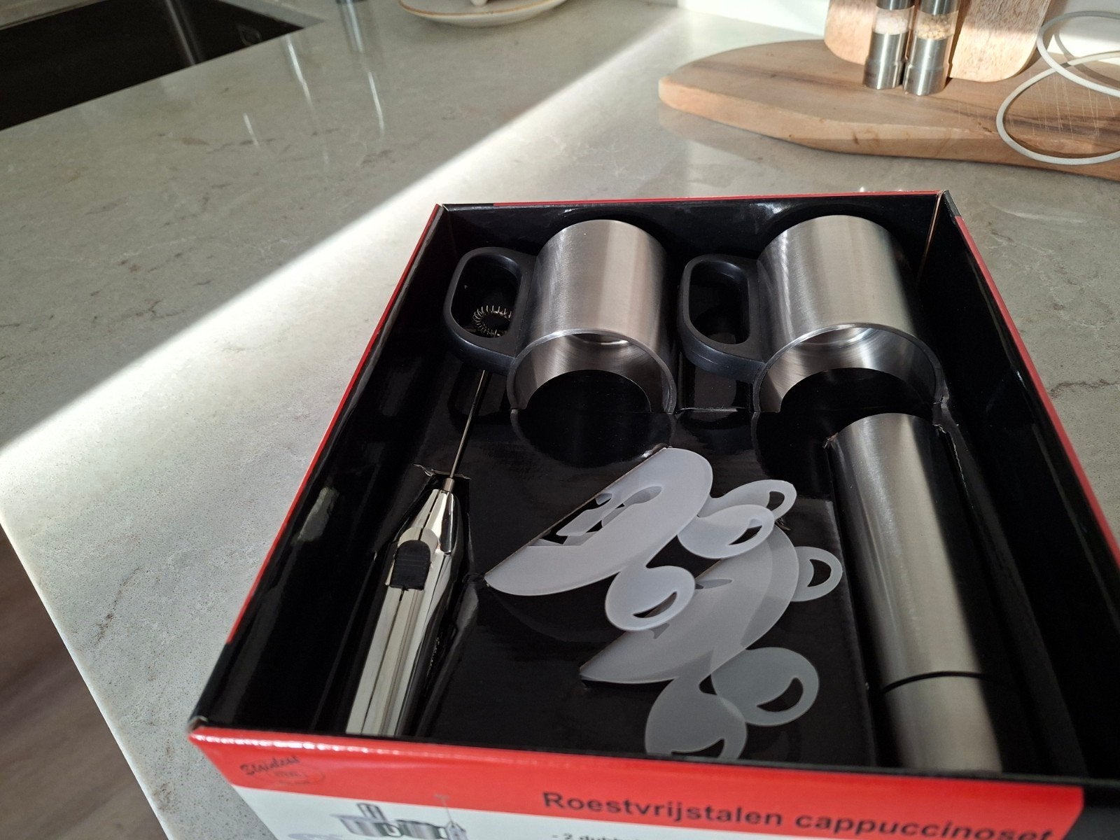 Cappuccinoset 10-delig RVS met melkopschuimer., Ophalen, Overige typen, Metaal, Nieuw