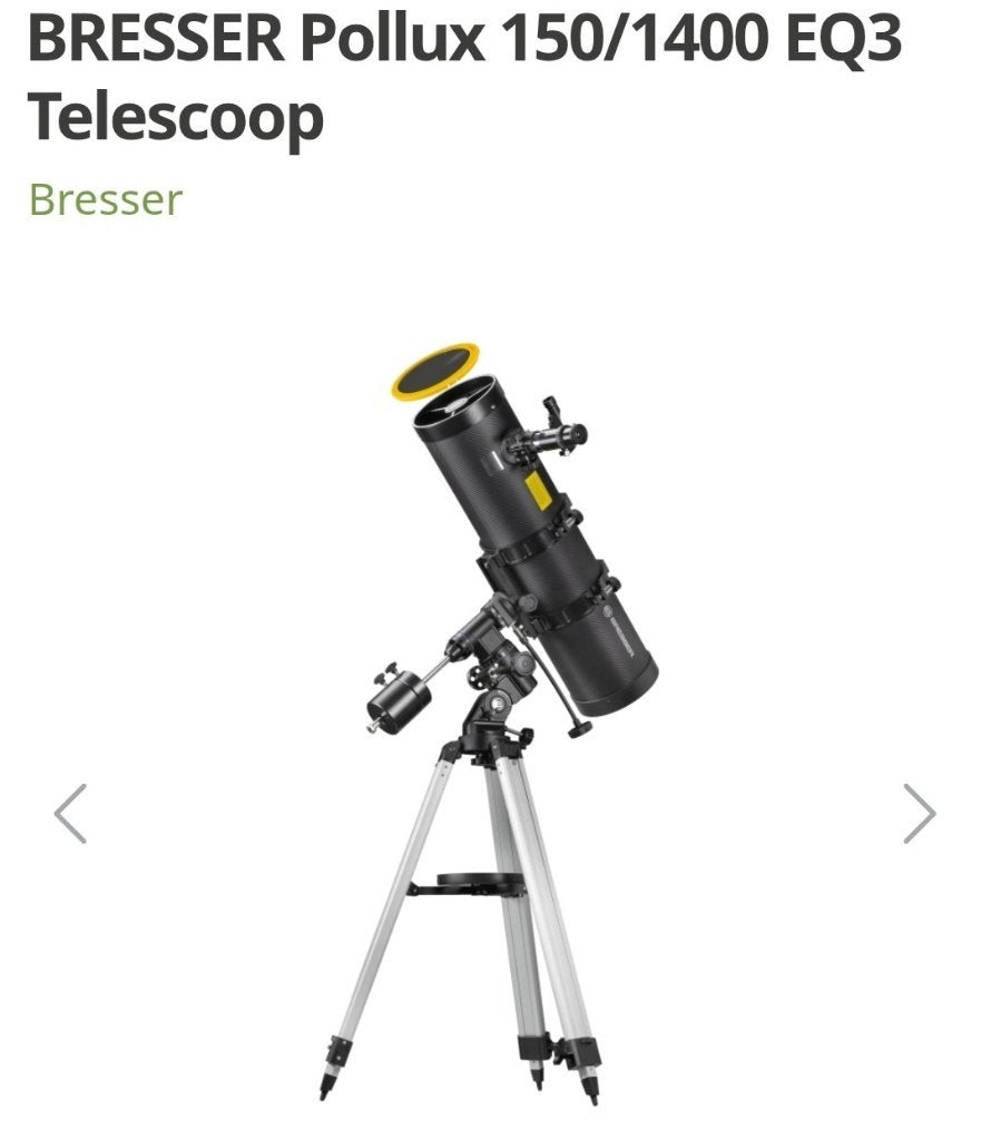 BRESSER Pollux 150/1400 EQ3 Telescoop, Gebruikt, 80 tot 200 mm, Met statief, Spiegeltelescoop (reflector)