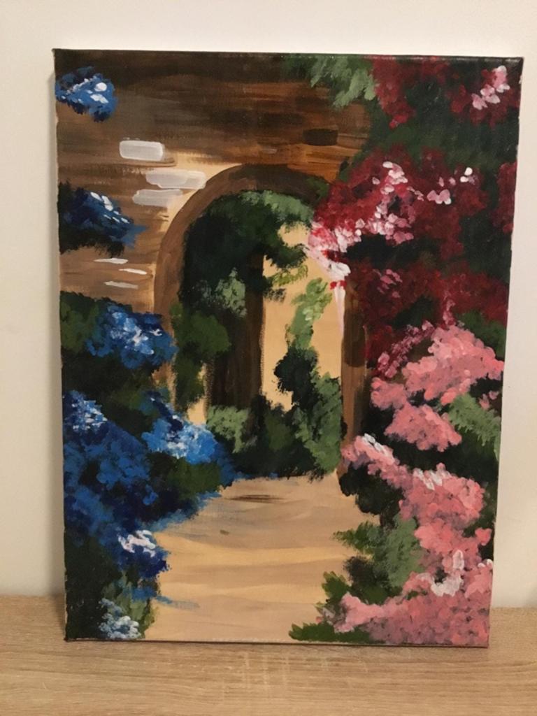 Schilderij: Mediterrane Tuin met Boog en Bloemen, Ophalen of Verzenden