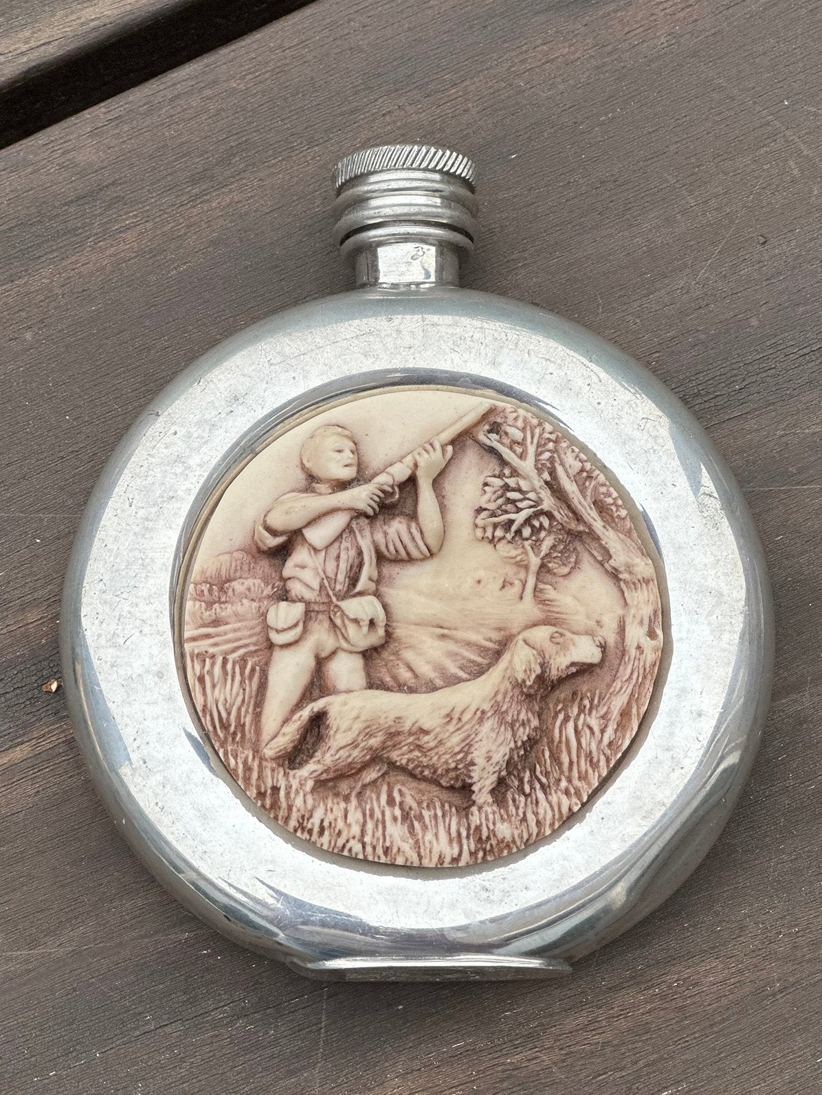 Vintage tinnen heupfles jachttafereel Alchemy Pewter Sheff., Ophalen of Verzenden