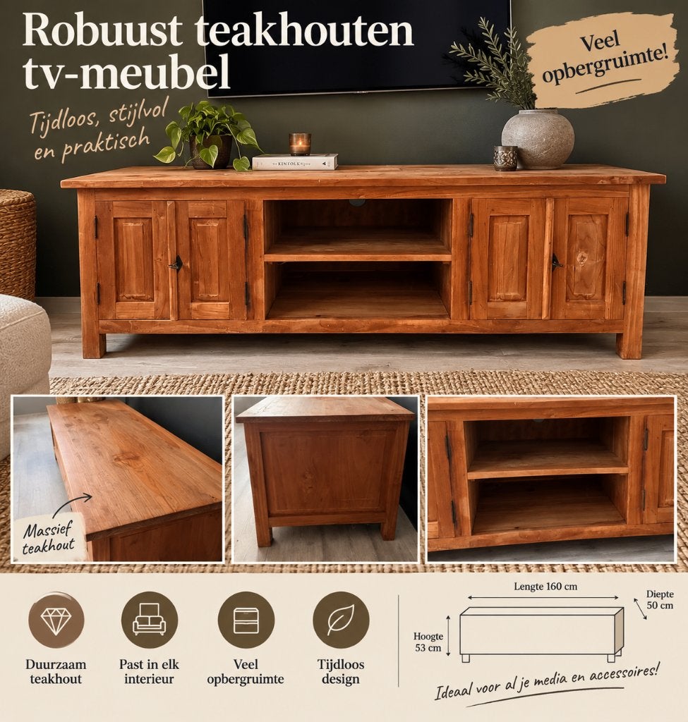 Tv-meubel van teakhout, Ophalen, Gebruikt, Robuust en klassiek, 150 tot 200 cm