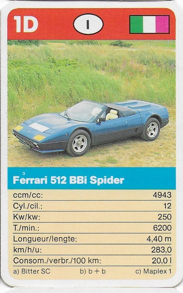 Kw43 autokaartje Ferrari 512 BBi spider ( 1D ), Ophalen of Verzenden, Zo goed als nieuw, Auto's