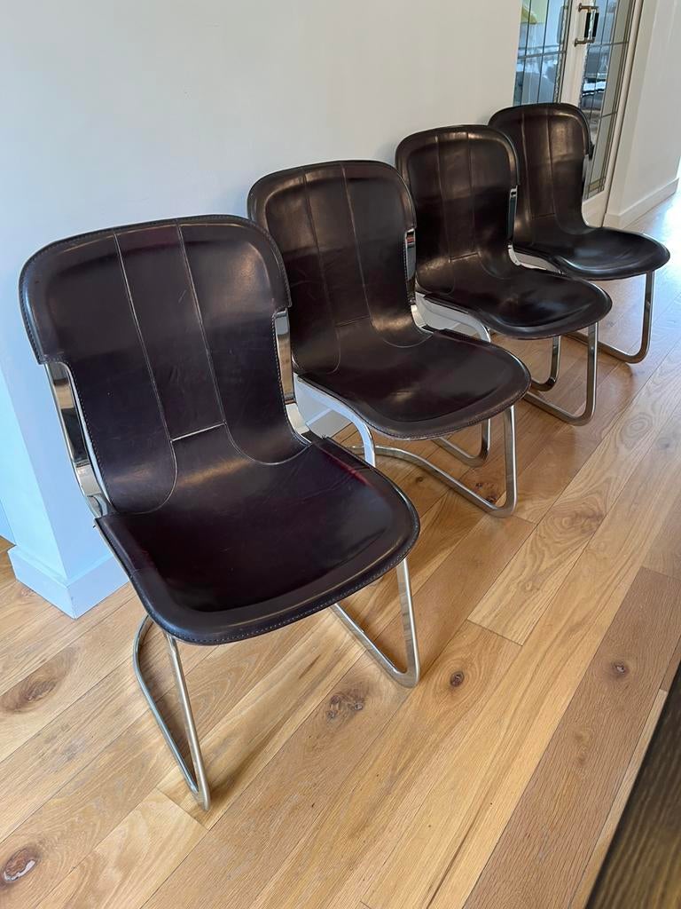 4 eettafelstoelen Willy Rizzo van Cidue, Ophalen, Jaren '70 design, Bruin, Leer