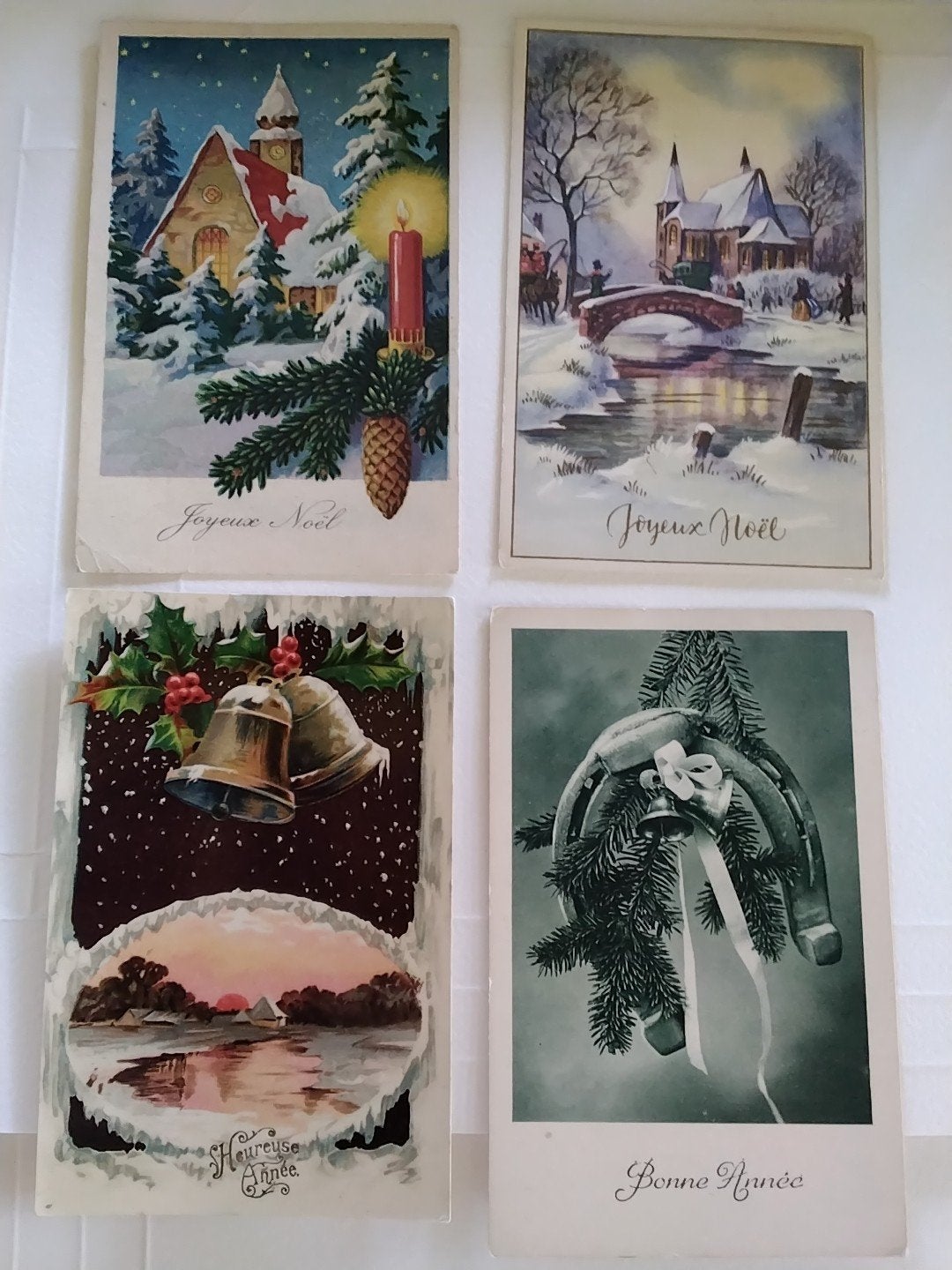 4 Oude Kerst- en Nieuwjaarskaarten - Jaren '20-'40, Verzamelen, Ansichtkaarten | Themakaarten, Ophalen of Verzenden, 1920 tot 1940
