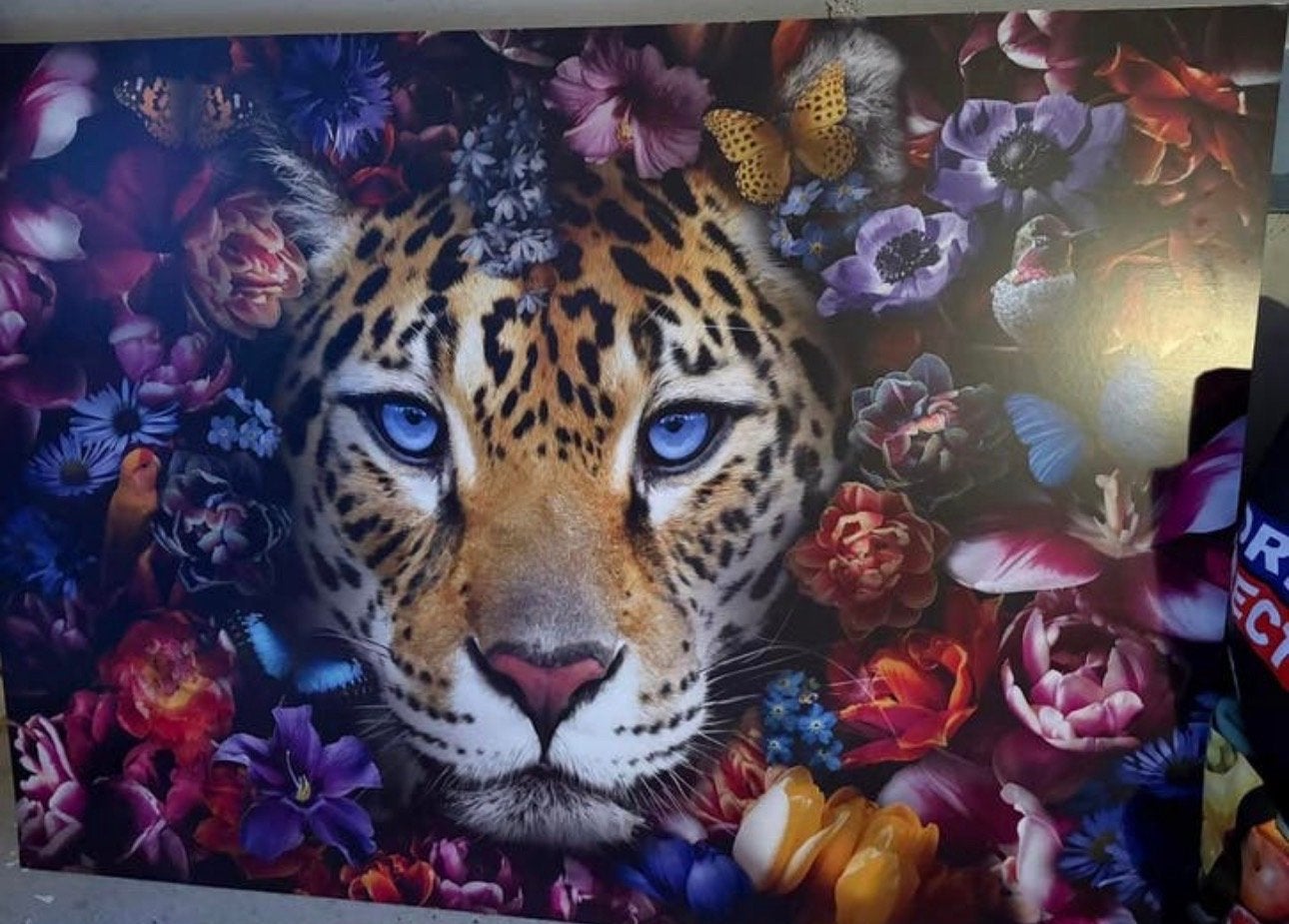 Prachtige Jaguar met bloemen canvas schilderij, Huis en Inrichting, Woonaccessoires | Schilderijen, Tekeningen en Foto's, Ophalen