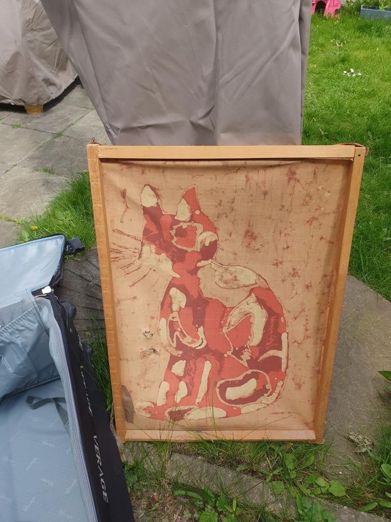 Batik kunstwerk met kattenafbeelding, Ophalen of Verzenden