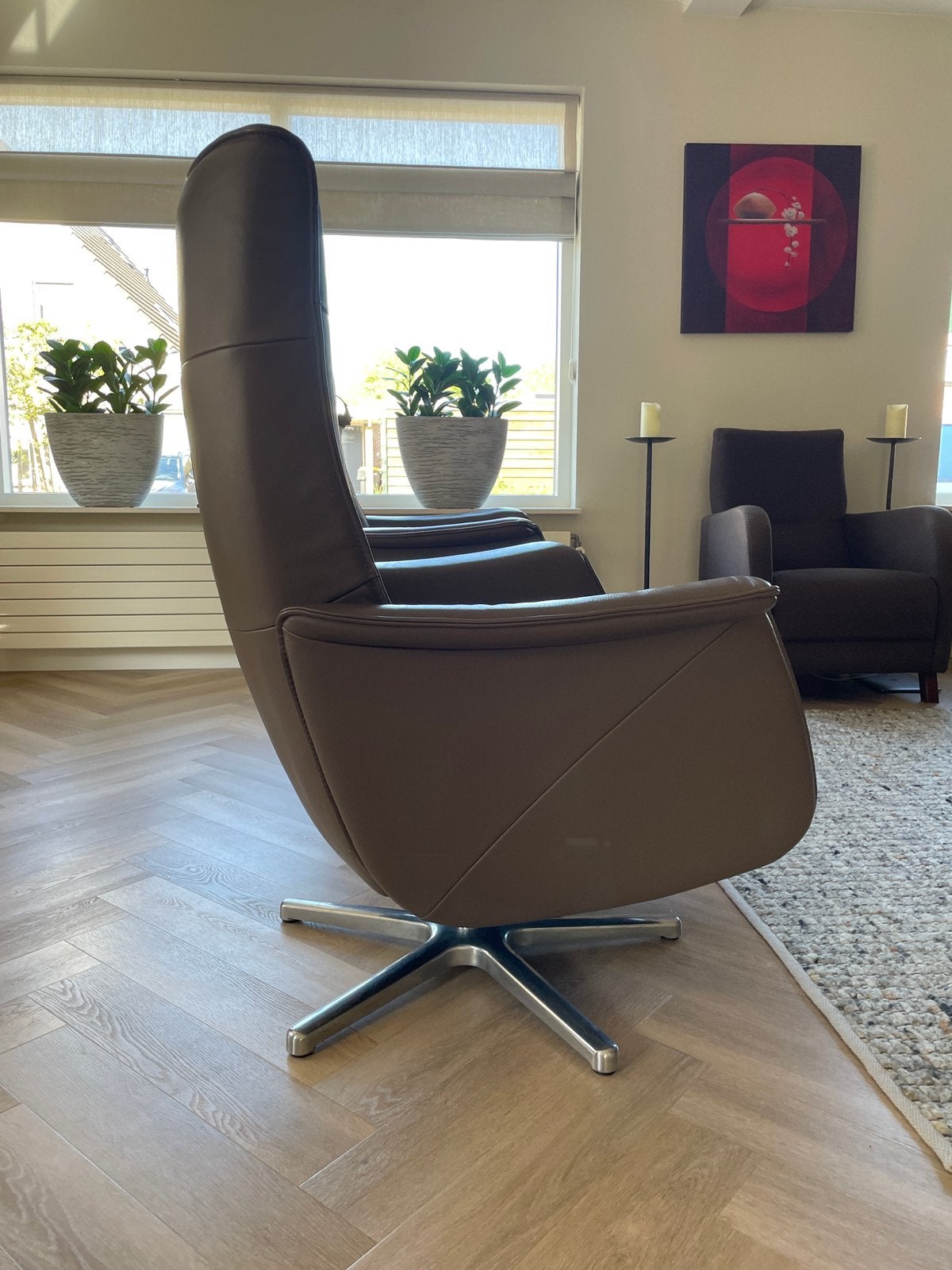 Leren relax fauteui op grome draaipoot, Ophalen of Verzenden, Gebruikt, 50 tot 75 cm