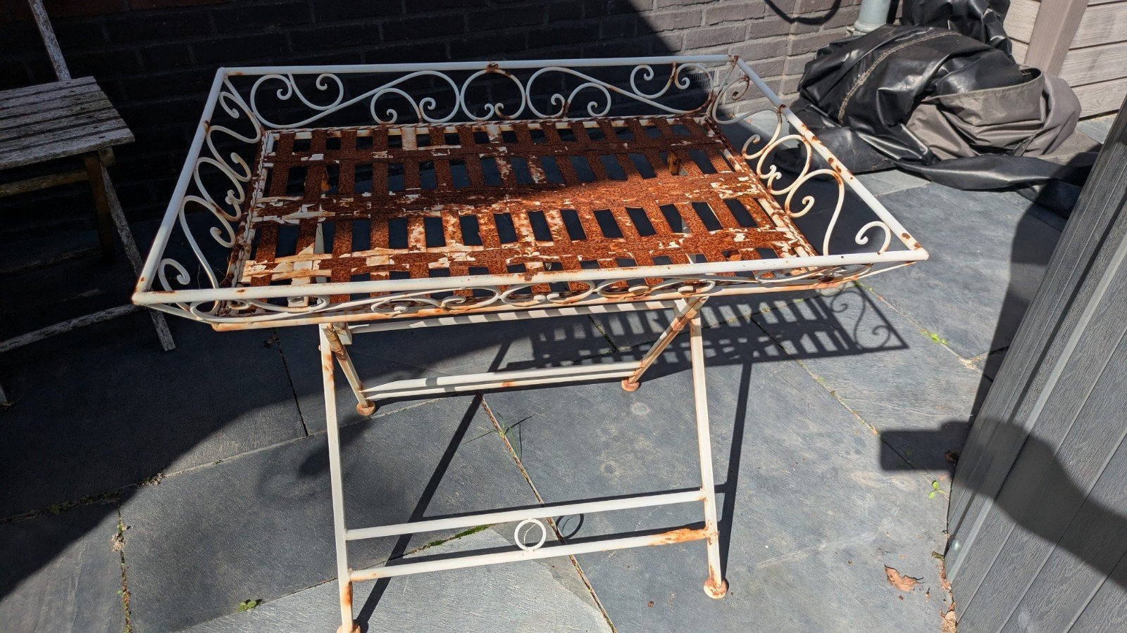 Rustieke brocante smeedijzeren bijzettafel - opknapper, Ophalen, Gebruikt, Rechthoekig, Metaal