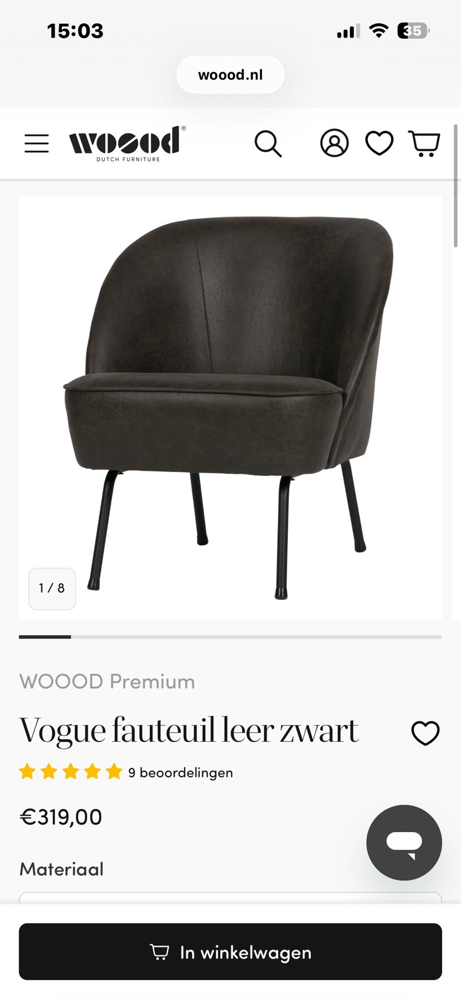 Nieuwe Vogue fauteuil leer zwart (poten missen), Ophalen, ., ., Nieuw