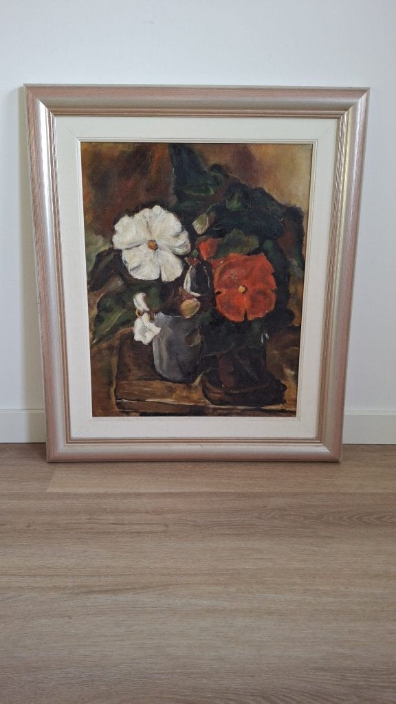 Bloemenschilderij in prachtige lijst op board, Ophalen, Bloemen, Paneel, Acrylverf