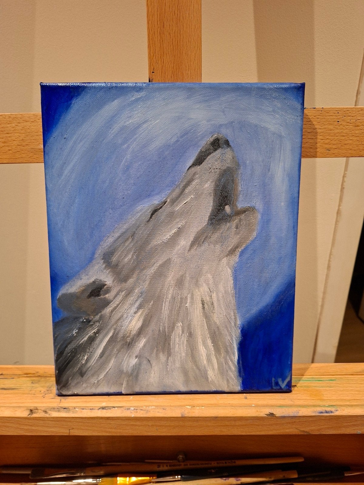 Olieverfschilderij Huilende Wolf bij Volle Maan - 24x30 cm, Ophalen of Verzenden