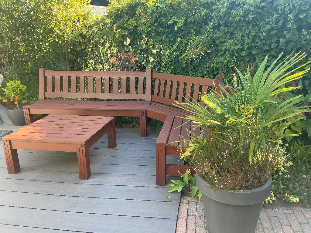 Mooie hardhouten tuinbank met tafel, Ophalen, Gebruikt, Hout