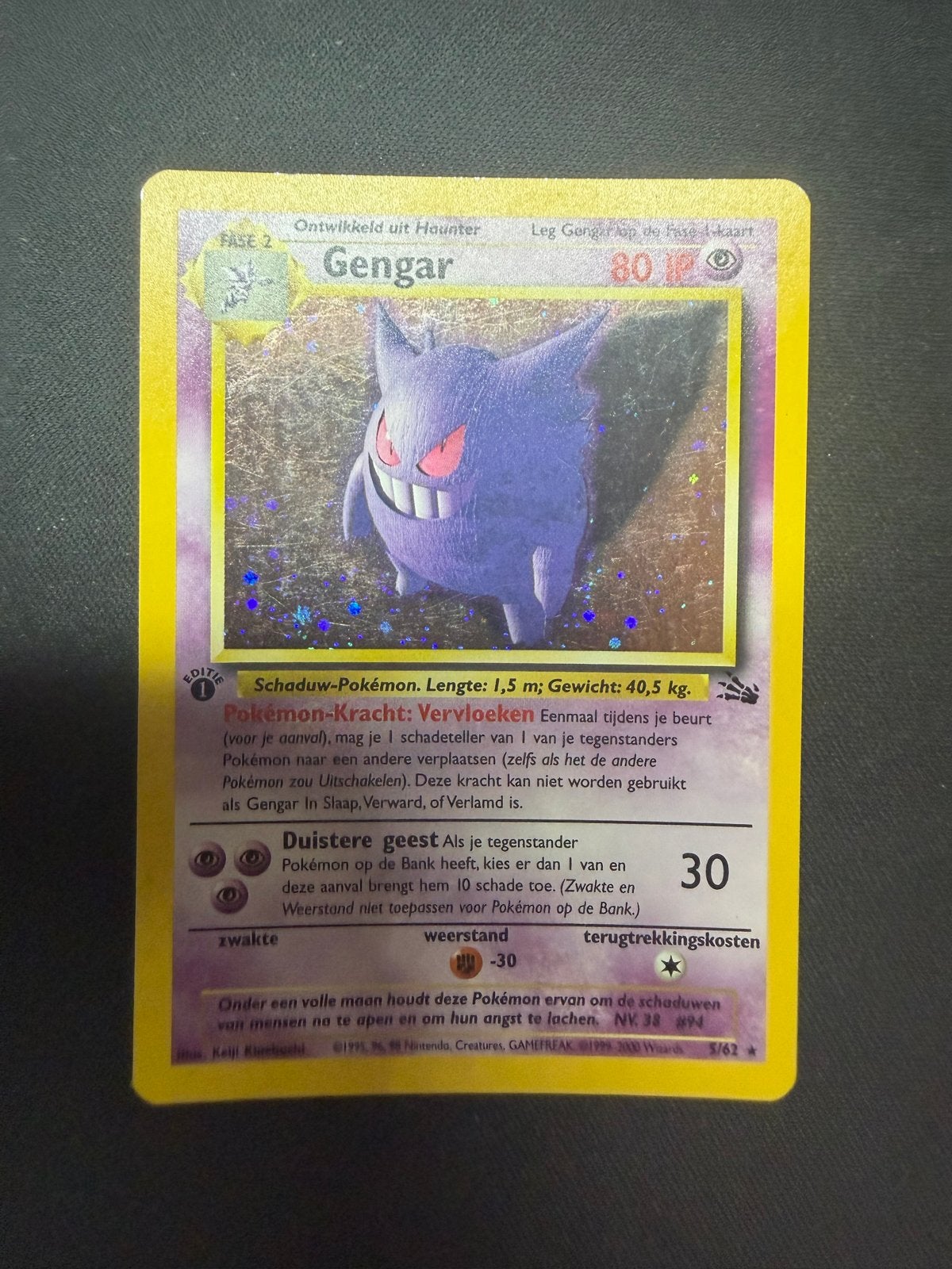 Gengar Holo Foil Pokémon Kaart fossil nl 1st edition, Ophalen of Verzenden, Gebruikt, Losse kaart, Foil