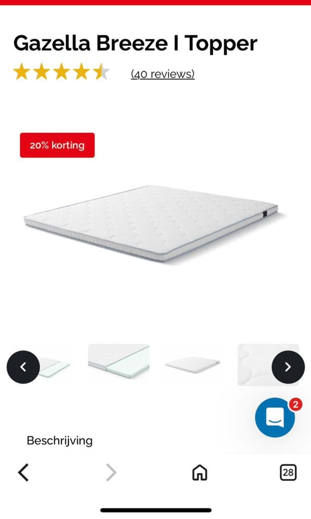 NIEUW topdek matras Gazella Breeze maat 100 bij 200 cm, Huis en Inrichting, Ophalen, 100 cm, Eenpersoons, Nieuw