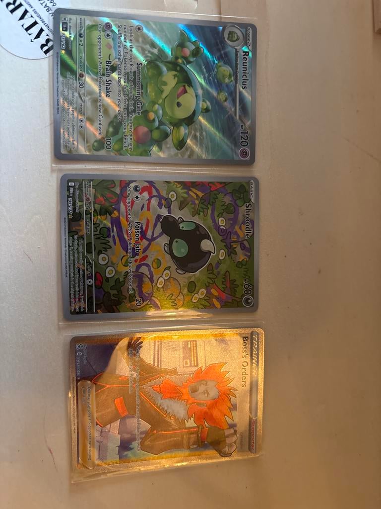 Pokémon TCG: Reuniclus, Shroodle, Boss's Orders (3 kaarten), Ophalen of Verzenden, Zo goed als nieuw, Meerdere kaarten, Foil