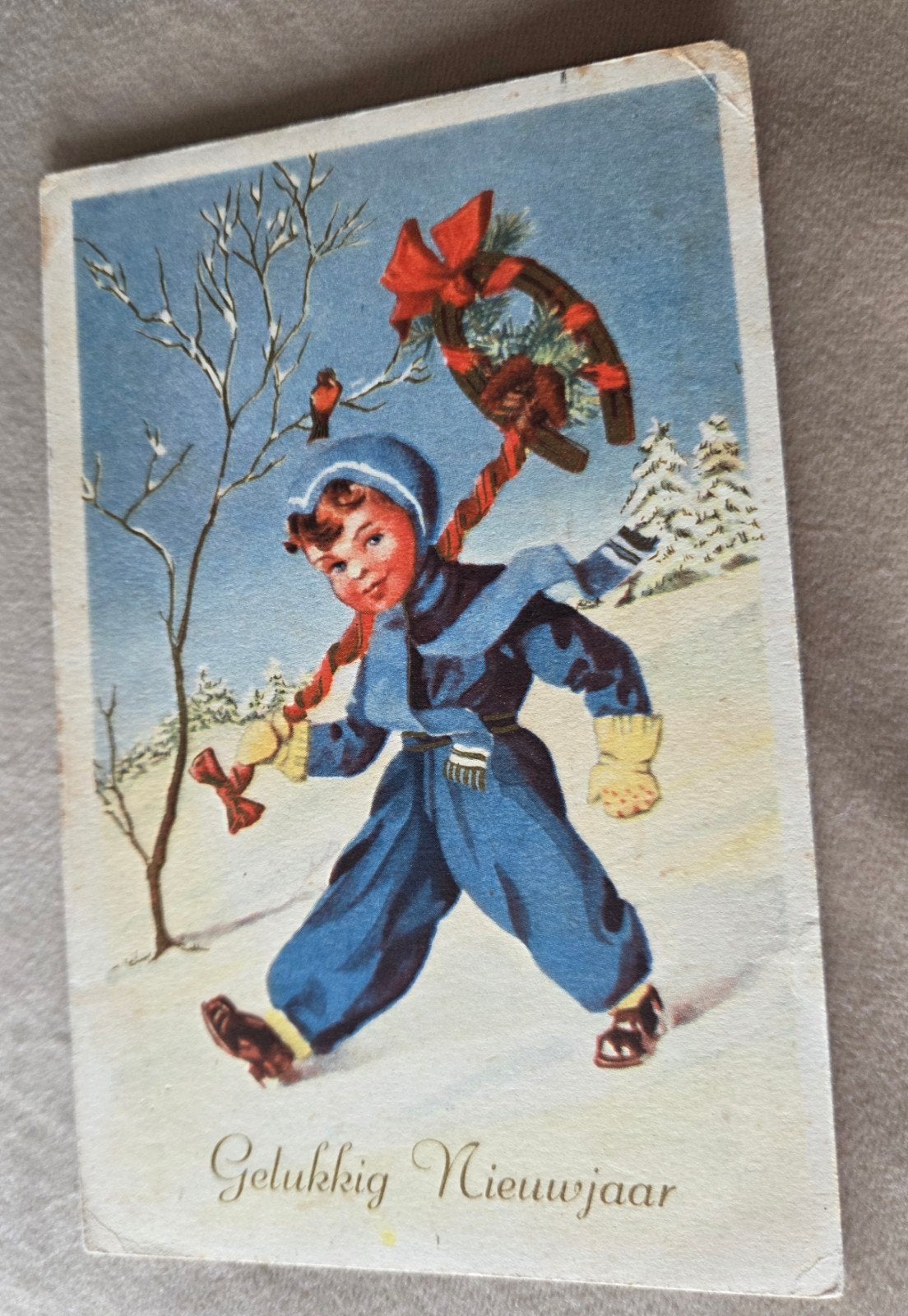Vintage Gelukkig Nieuwjaar - Jongen met hoefijzer, Verzenden, 1940 tot 1960, Gelopen, Feest(dag)