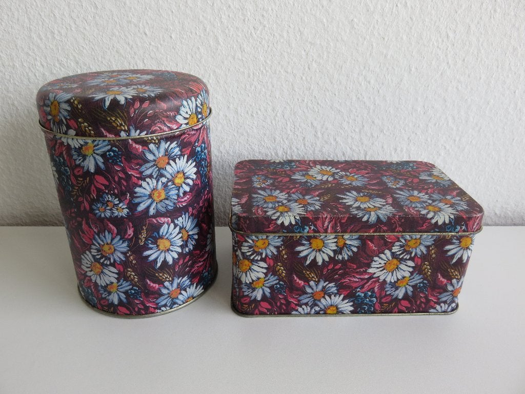 2 blikken bordeaux paars met margrietjes bloemen, Verzamelen, Blikken, Ophalen of Verzenden, Gebruikt, Overige, Overige merken