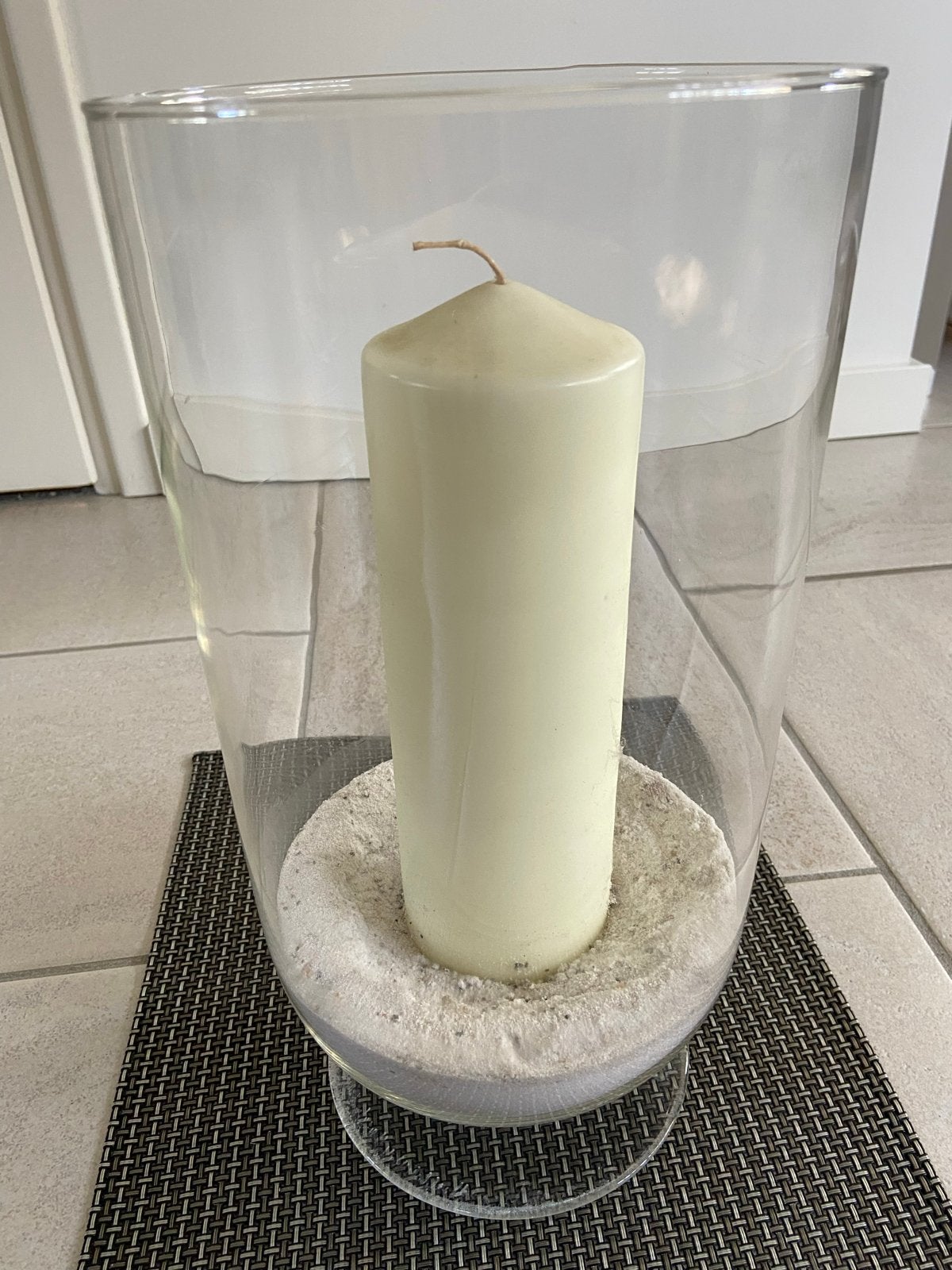 Glazen windlicht met kaars en decoratiezand, Ophalen, Zo goed als nieuw, Glas, Windlicht
