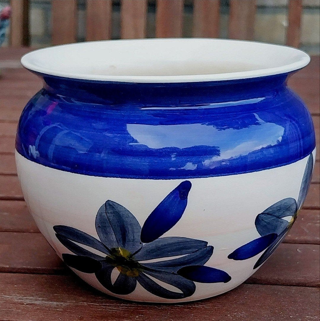 Vintage bloempot blauw-wit met bloemmotief 13x10 cm, Gebruikt, Ophalen of Verzenden, Steen/keramiek, Met patroon/structuur