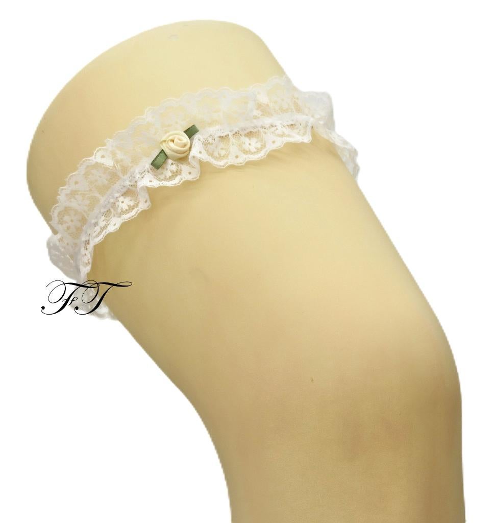 Witte kant bruid kousenband met crème roosje., Ophalen of Verzenden, Nieuw
