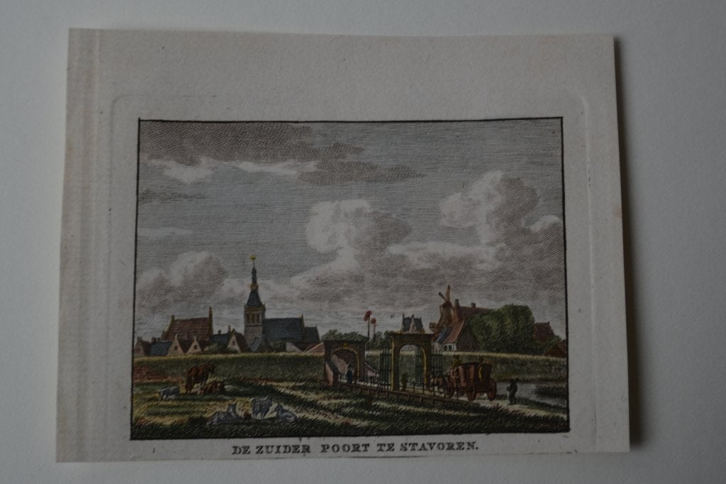 Stavoren Zuiderpoort Gravure Handgekleurd J. Bulthuis E19, Stadsgezicht, Ophalen of Verzenden, Gravure, 7 cm