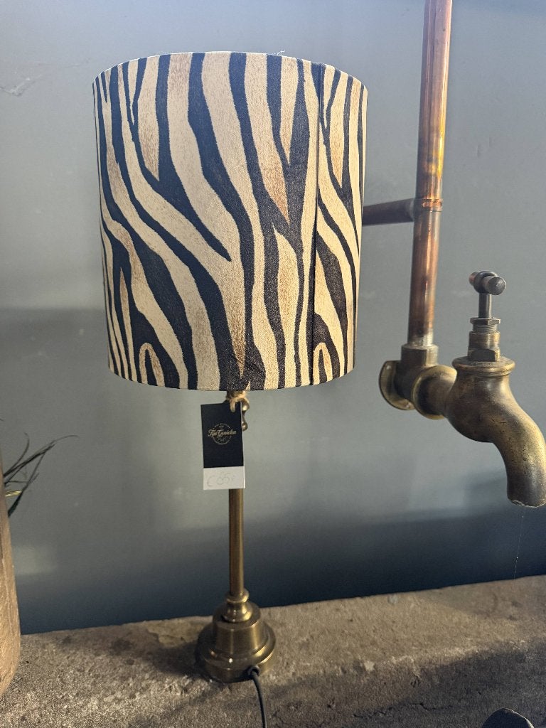 Tafel lamp koperen voet met zebra print kap, Inclusief lichtbron, Vintage, Metaal, Sfeerlamp