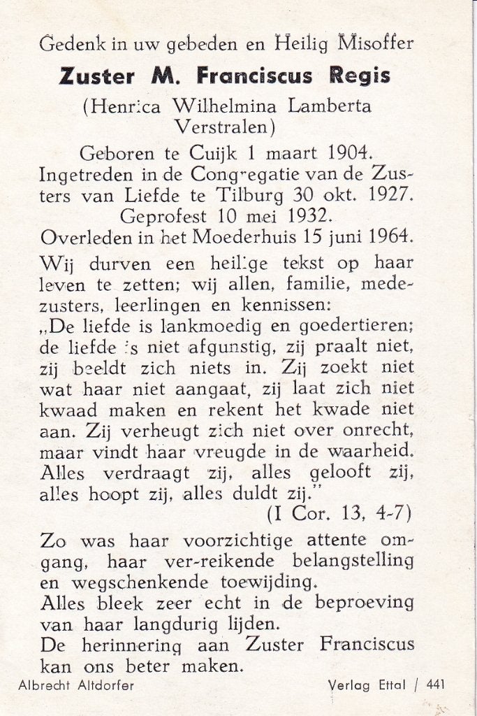 Verstralen Henrica 1904 Cuijk 1964 Tilburg zuster, Verzamelen, Bidprentjes en Rouwkaarten, Ophalen of Verzenden, Bidprentje