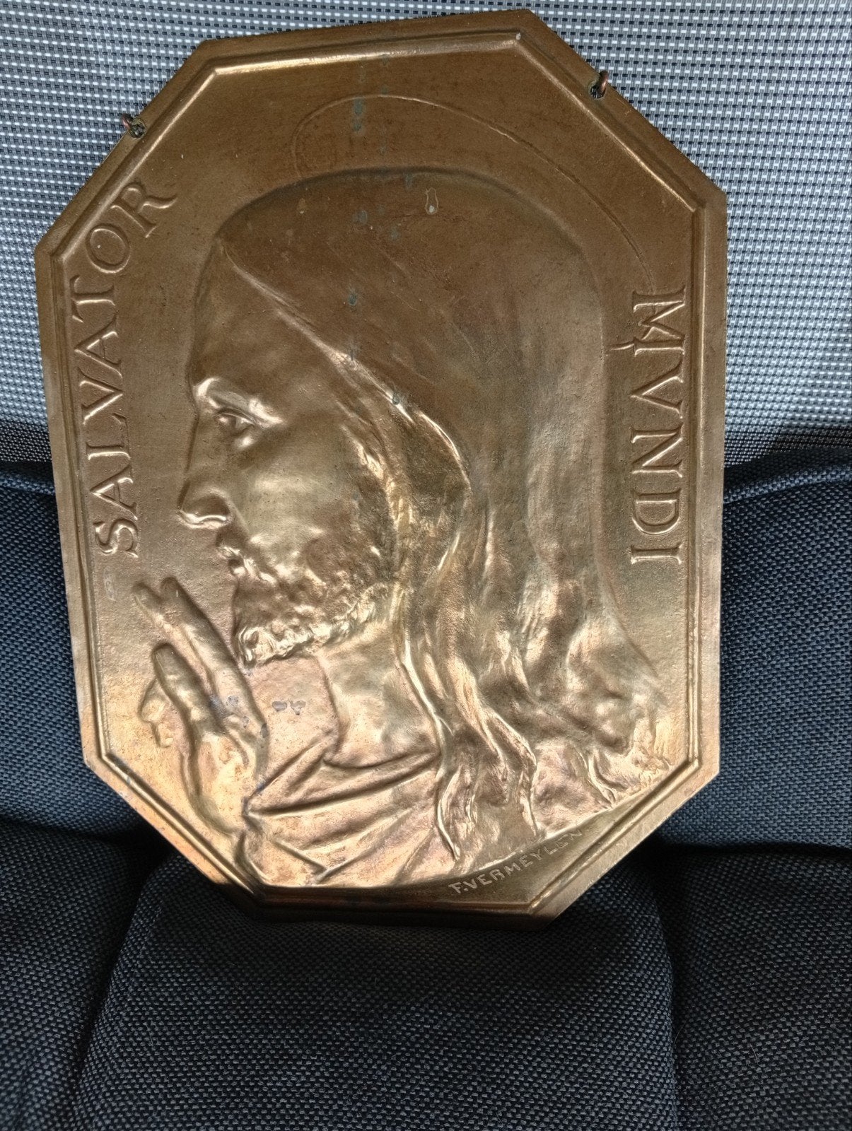 Antiek bronzen reliëf 'Salvator Mundi' door F. Vermeylen, Ophalen of Verzenden