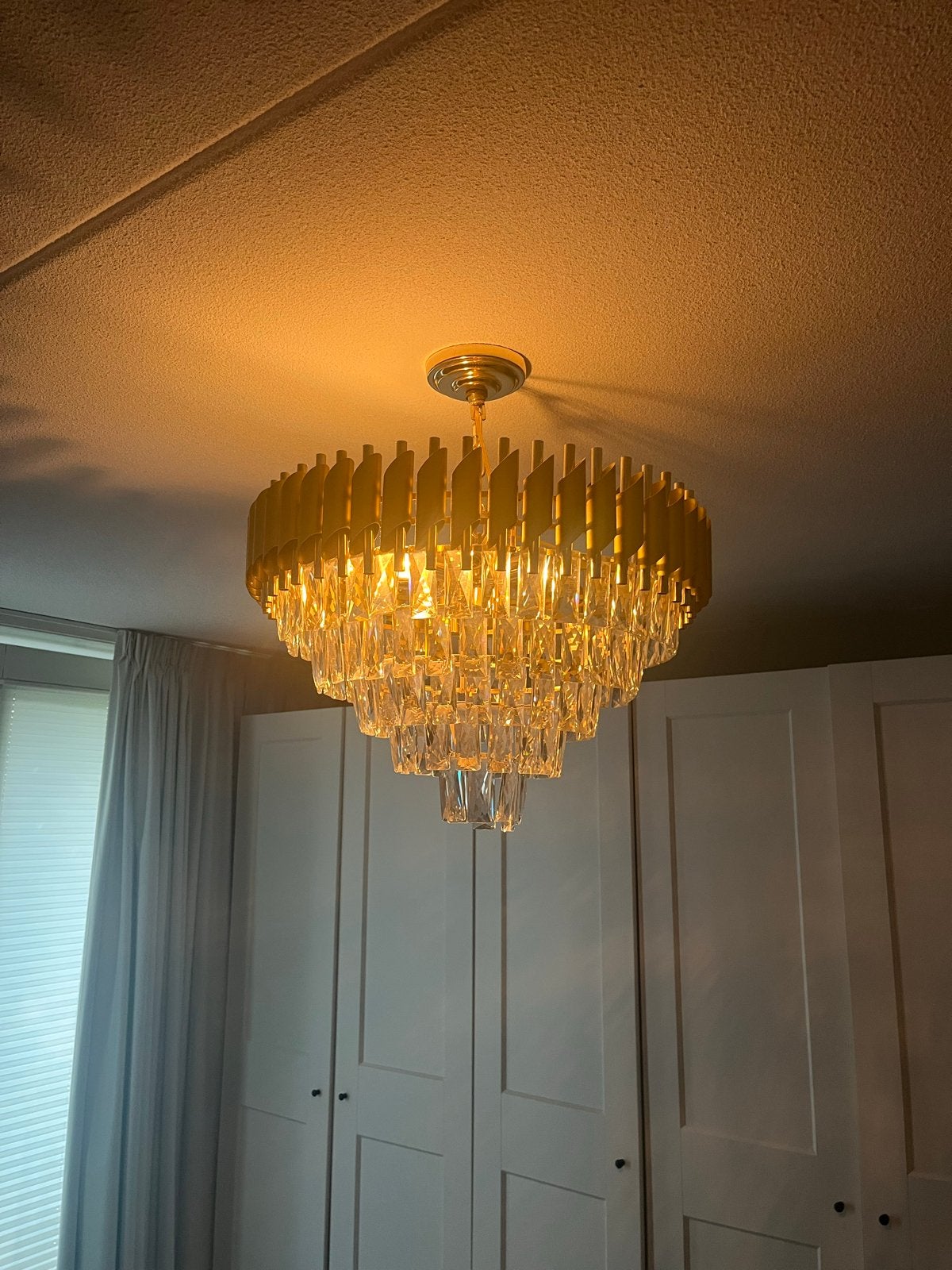 Kroonluchter met Kristallen en Gouden Details 60cm, Ophalen, Gebruikt, Glas, E14 (klein)