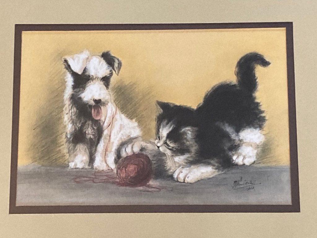 Klassiek gesigneerd schilderij van spelende hond en kat, Ophalen, Dieren, Klassiek, Gesigneerd