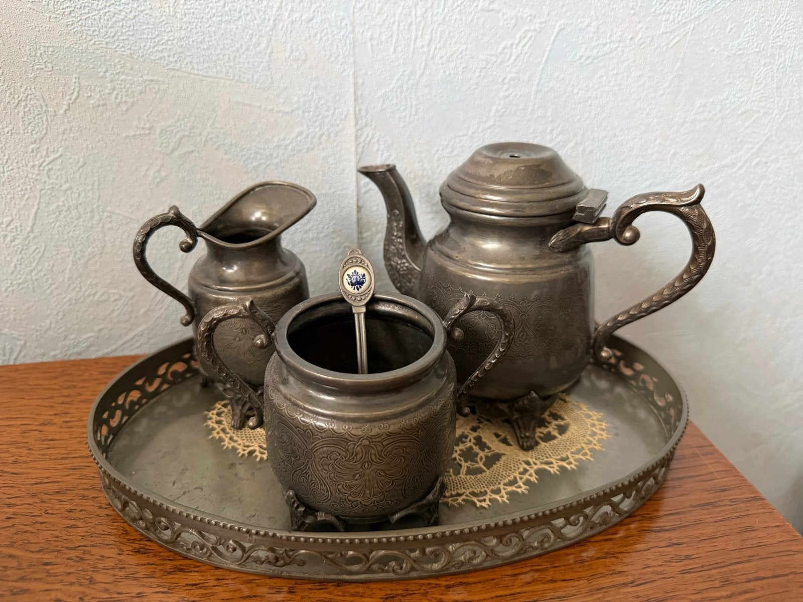 Antiek tinnen theeservies met dienblad, Ophalen of Verzenden