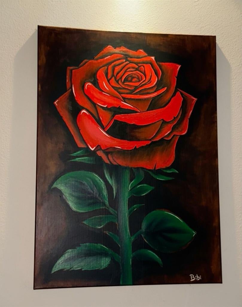 Handgeschilderde rode roos – acryl op canvas 55 x 75 cm, Ophalen of Verzenden