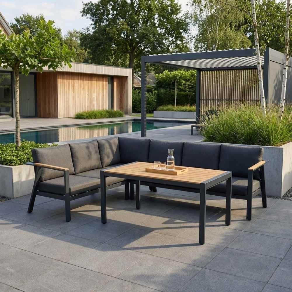 Gerona dining hoek loungeset | alu + teakhout | 263x203cm, Ophalen, Aston Martinlaan 36, 6 zitplaatsen, Teakhout
