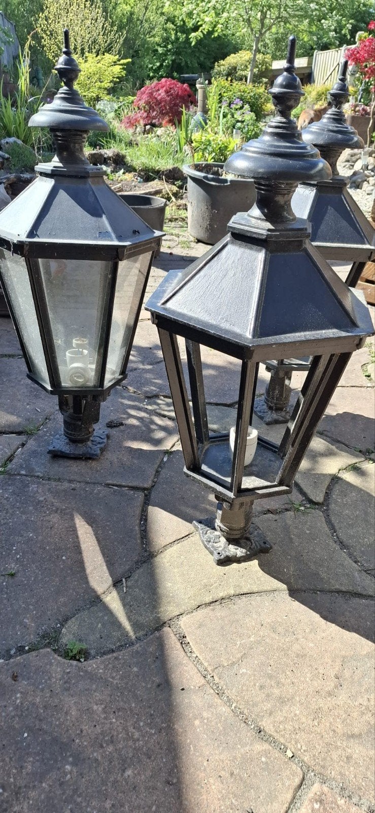 3 Buitenlantaarns- met fitting en glasplaten, Tuin en Terras, Buitenverlichting, Ophalen, Staal, Staande lamp, 50 tot 250 watt