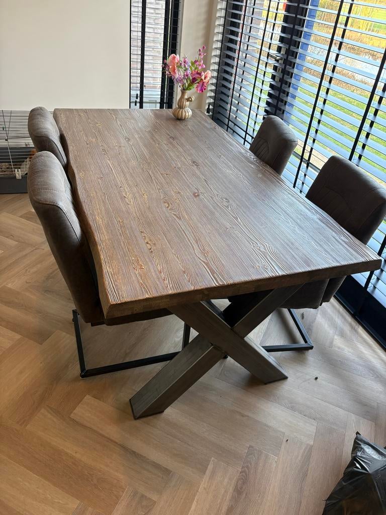 HACO Boomstamtafel Rough180 lang met industriële X poten, Ophalen, 100 tot 150 cm, Old pine dark, Zo goed als nieuw