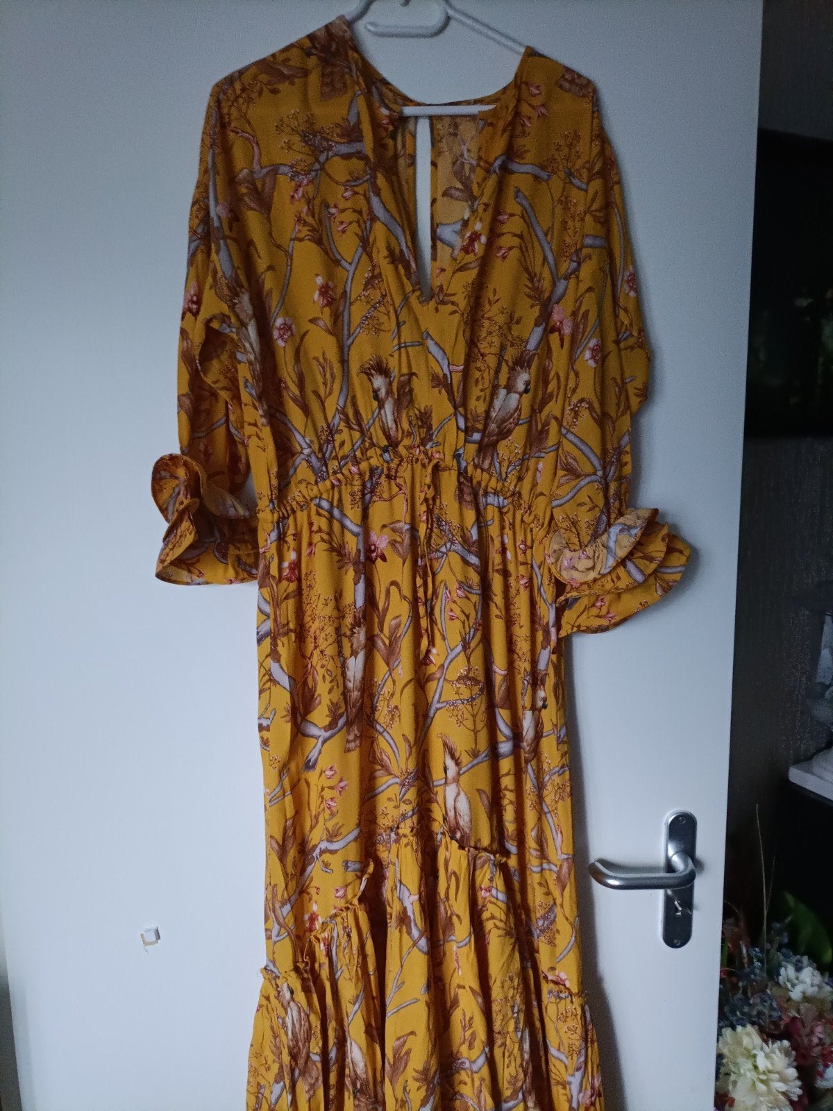 H&M lange jurk maat M met ruches, Maat 38/40 (M), H&M, Geel, Ophalen of Verzenden