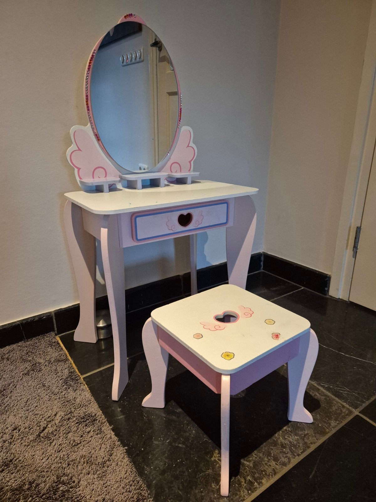 Kinder kaptafel met spiegel en krukje - Roze/Wit, Ophalen, Minder dan 50 cm, Gebruikt, Kinderlijk, Speels