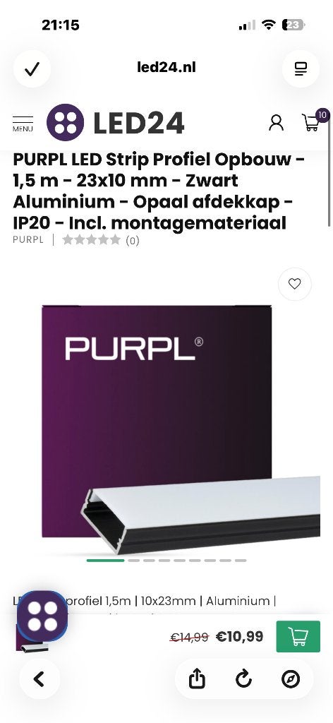 ledstrip purpl profiel opbouw aluminium 10 stuks 10x23 mm, Ophalen of Verzenden, Nieuw, 100 tot 250 mm, Overige typen
