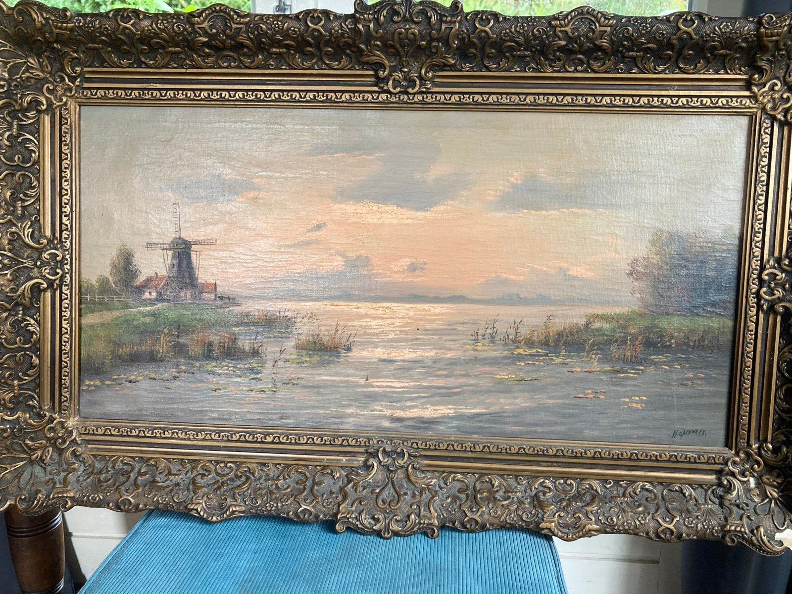 Schilderij H. Openneel - Hollands Landschap met Molen, Antiek en Kunst, Ophalen, Doek, Landschap, Olieverf