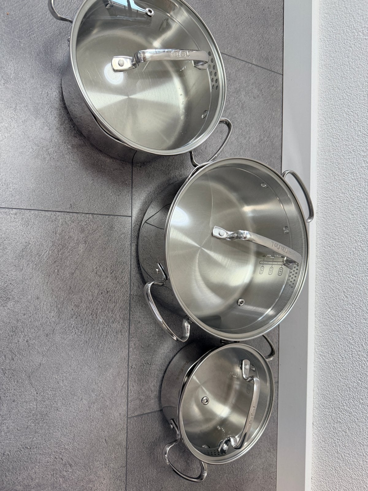 Tefal pannen set 3, Ophalen, Zo goed als nieuw, Rvs, Pannenset