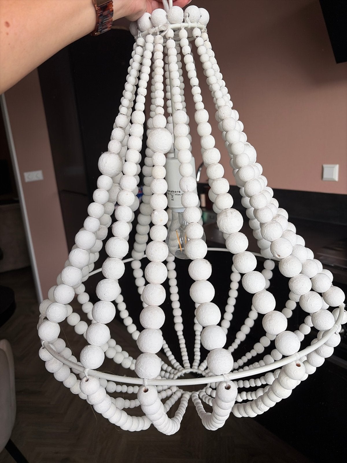 Witte houten kralen hanglamp - Boheemse stijl, Huis en Inrichting, Ophalen of Verzenden, Zo goed als nieuw