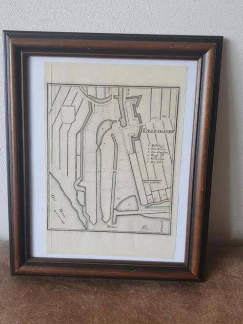 Originele Gravure plattegrond Delfshaven Caspar Merian, 1670, Antiek en Kunst, Kunst | Etsen en Gravures, Ophalen